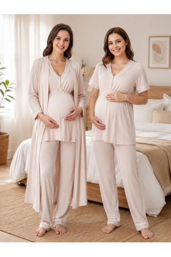 Effortt 5094 Bej Biye Detaylı Sabahlıklı Lohusa Pijama Takımı